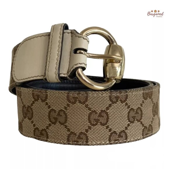 Authentic Gucci Brown Monogram Canvas Leather Gold Horsebit Ring Belt Size 90/36 - Picture 1 of 13